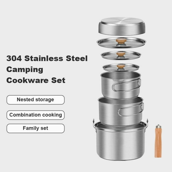 4-Piece Stainless Steel Camping Mess Kits, Pots and Pans for Campfire Cooking, Including Travel Tote Bag, Suitable for 4 to 6 People