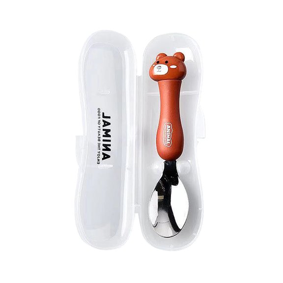 304 Stainless Steel Cartoon Animal Kids Spoon with Portable Travel Case Cute Childrens Flatware Utensil for School Lunch and Outdoor Use