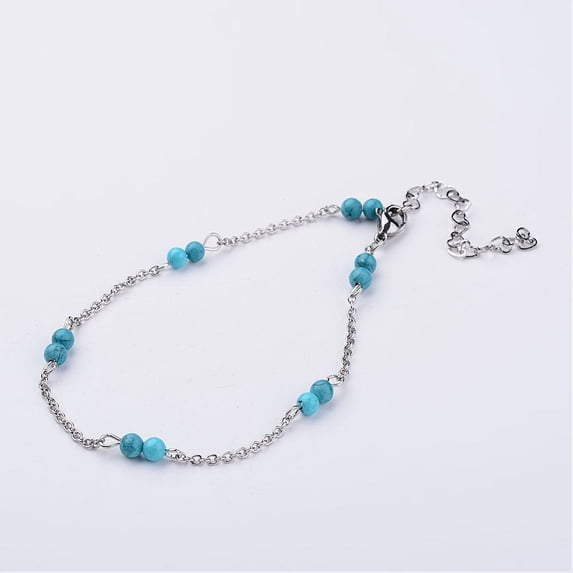 304 Stainless Steel Chain Anklets with Turquoise Beads 9-1/4 inch(235mm)