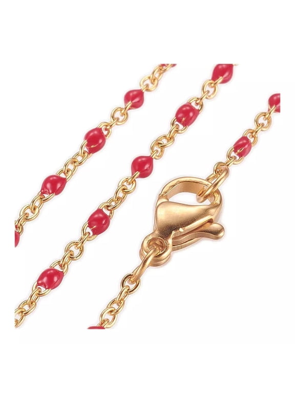 304 Stainless Steel Gold Red Enamel Polished Bead Chain Necklace 18 Inch 2mm Lobster Clasp P366