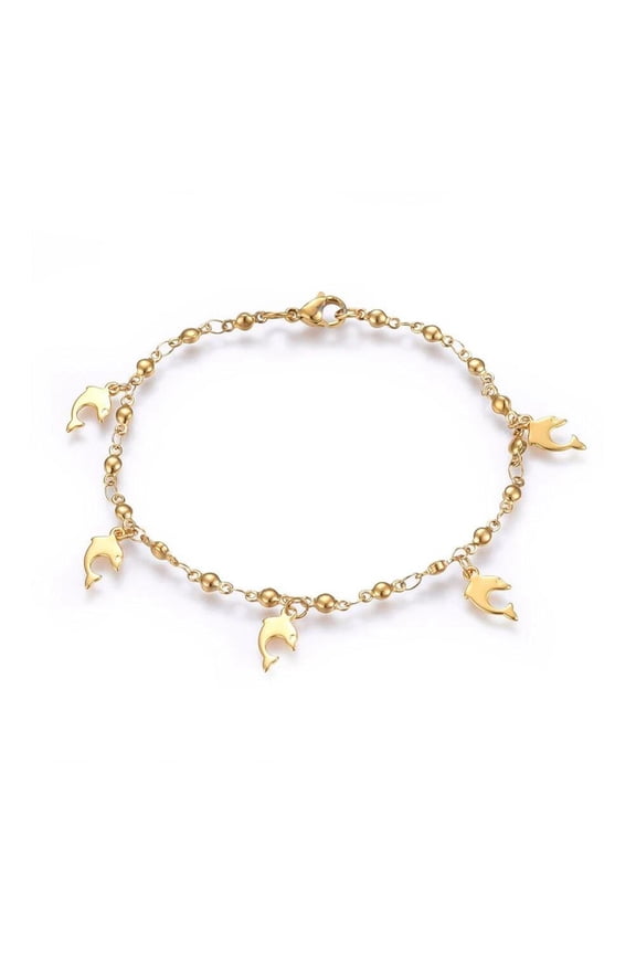 304 Stainless Steel Charm Bracelet Lobster Dolphin Gold 8.2" 3mm A89