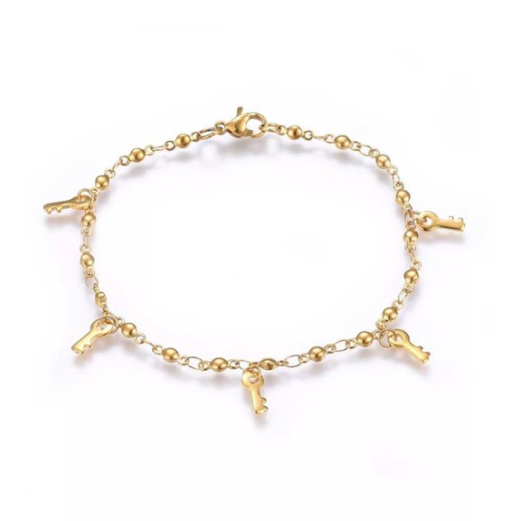 304 Stainless Steel Charm Bracelet Lobster Key Gold 8.2" 3mm A86