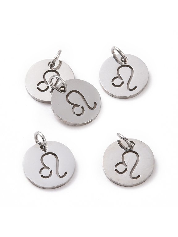 304 Stainless Steel Charms Flat Round with Constellation/Zodiac Sign Leo 12x1mm Hole: 3mm