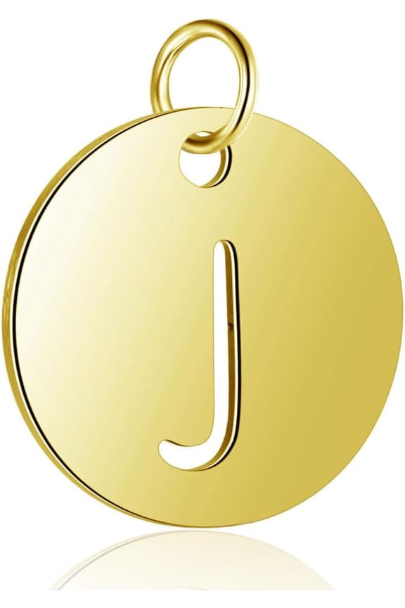 304 Stainless Steel Charms Flat Round with Letter Golden Letter.J 12x1mm Hole: 2.5mm