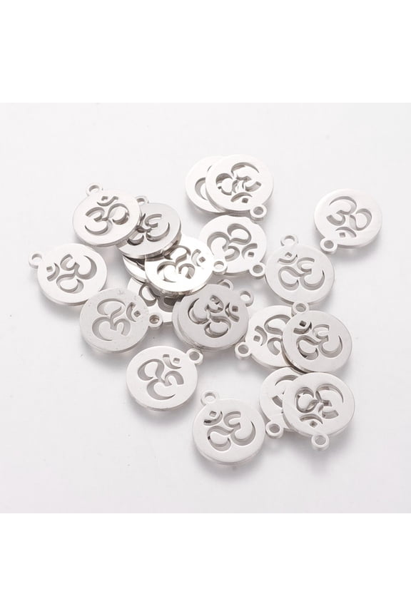 304 Stainless Steel Charms Flat Round with Om Symbol Stainless Steel Color 14x12x1mm Hole: 1.5mm DIY