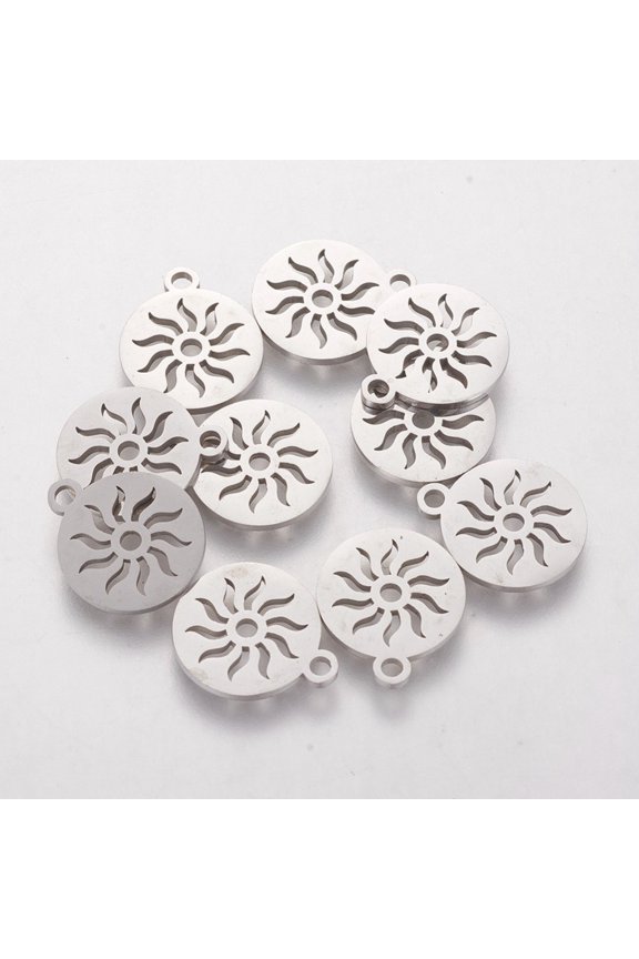 304 Stainless Steel Charms Flat Round with Sun Stainless Steel Color 14x12x1mm Hole: 1.5mm