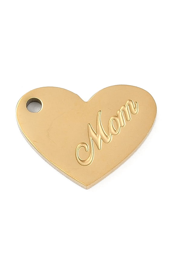 304 Stainless Steel Charms Heart with Word Mom Charm Ion Plating(IP) Real 18K Gold Plated 12x15.5x1.5mm Hole: 1.5mm
