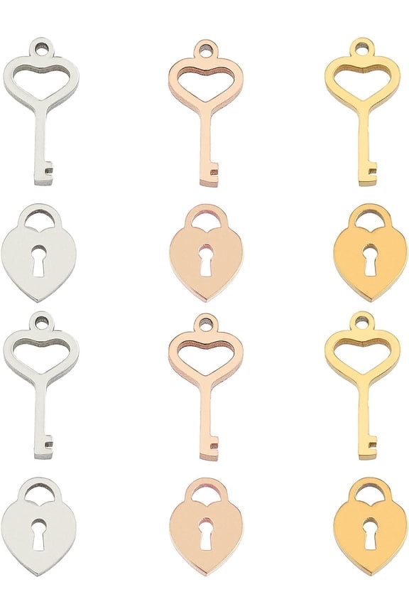 304 Stainless Steel Charms Laser Cut Polishing Key and Lock Mixed Color 12~13x6.5~9mm Hole: 1mm 12pcs/box