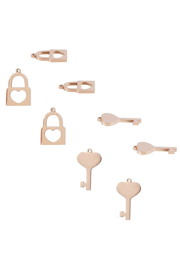 304 Stainless Steel Charms Laser Cut Polishing Key and Lock Rose Gold 17~20x13mm Hole: 1mm 12pcs/box