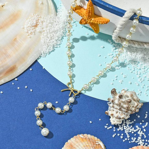 304 Stainless Steel Charms Necklace Glass Imitation Pearl for Women Bowknot Golden 16.61 inch(422mm)