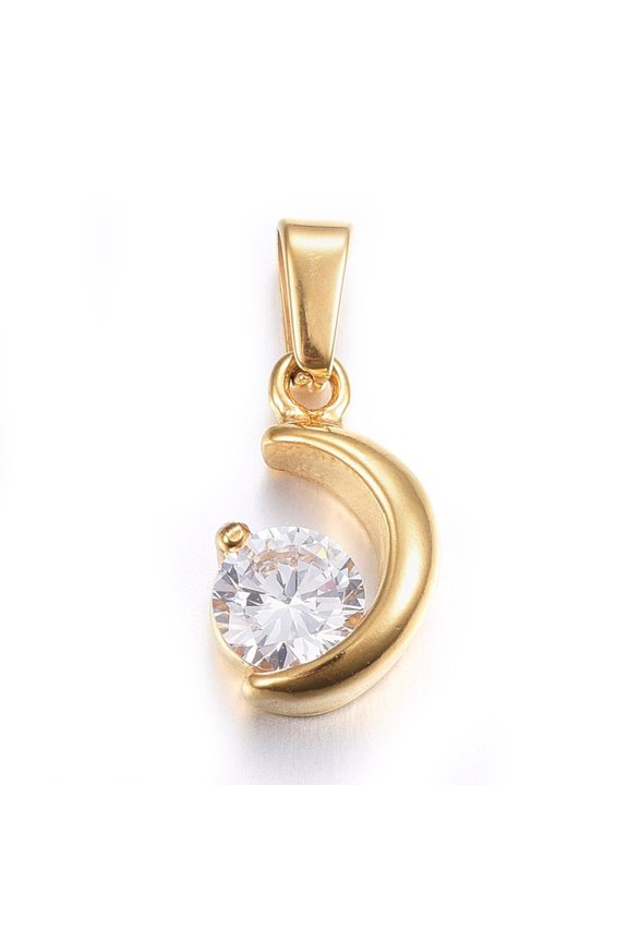 304 Stainless Steel Charms with Cubic Zirconia Moon Clear Golden 15x8.5x4mm Hole: 5x3mm