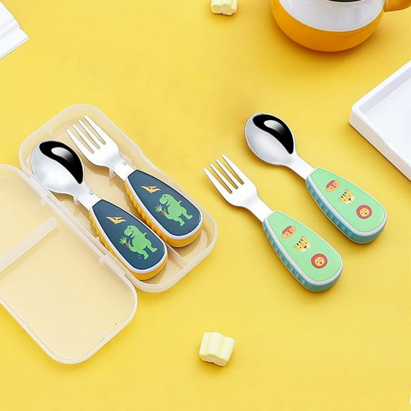 304 Stainless Steel Children'S Spoon Fork Whale Spoon + Fork + Portable Box Stainless Steel Children'S Short-Handled Spoon Fork Creative Cartoon Baby Training Tableware Toddler Food Portable Set