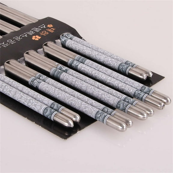 304 Stainless Steel Chopsticks Reusable 5 Pairs - Metal Chopsticks with Anti-Slip Grooved Tips for Beginners - Dishwasher Safe Sushi Noodles Rice Chopsticks for Asian Kitchen Dining Home Use