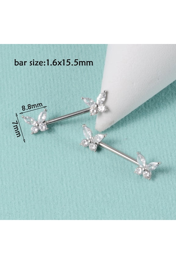 304 Stainless Steel Clear Cubic Zirconia Nipple Rings Stainless Steel Color Butterfly 8.8x7mm