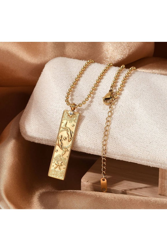 304 Stainless Steel Clear Cubic Zirconia Rectangle Constellation Pendant Necklaces for Women Men Real 18K Gold Plated Pisces 18.07 inch(45.9cm)