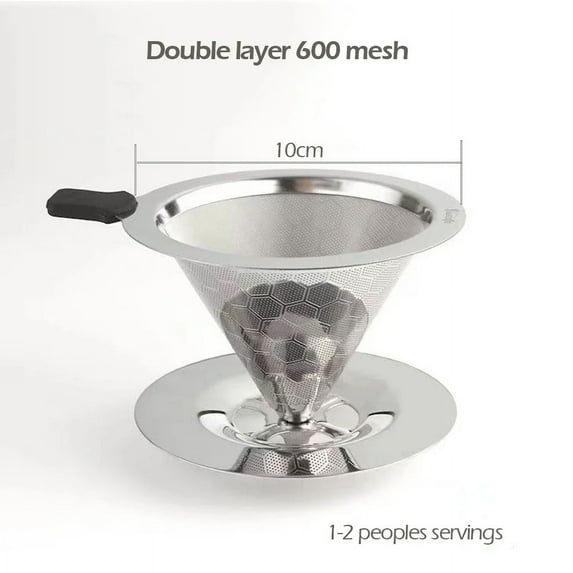 304 Stainless Steel Coffee Filter 600 Mesh Double-Layer Honeycomb Filter Bowl with Base Filter-Free Paper Coffee Strainer (STEEL COLOR)