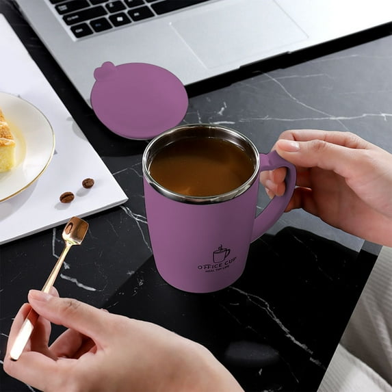 304 Stainless Steel Coffee Mug with Lid - 12oz Thermal Insulated Travel Mug, Spill-Proof, Double-Wall Vacuum, Hot & Cold Beverage Cup - White/Purple, 11x8x5cm, Comfortable Handle