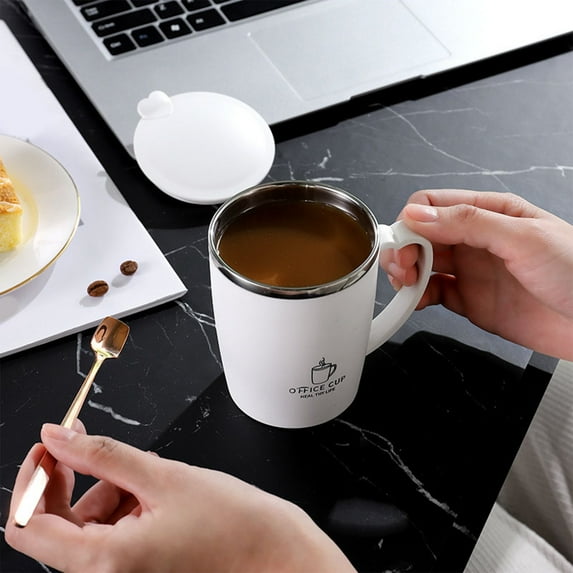 304 Stainless Steel Coffee Mug with Lid - 12oz Thermal Insulated Travel Mug, Spill-Proof, Double-Wall Vacuum, Hot & Cold Beverage Cup - White/Purple, 11x8x5cm, Comfortable Handle