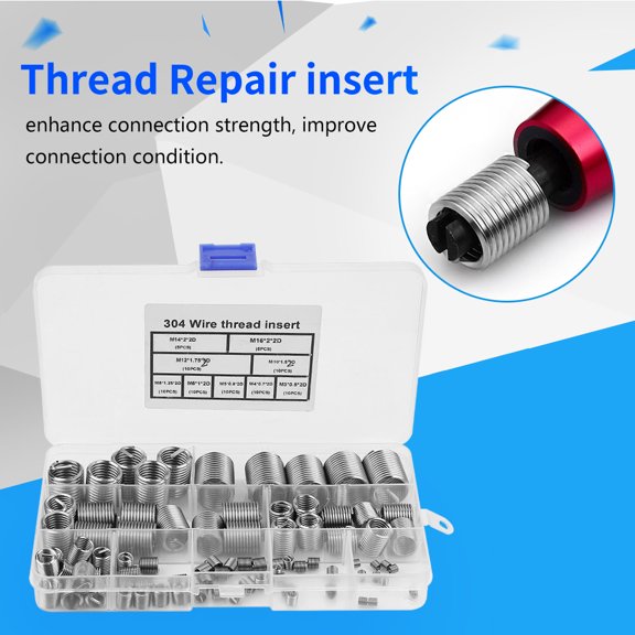 304 Stainless Steel Coiled Wire Screw Thread Repair Inserts Kit Assortment Set M3 M4 M5 M6 M8 M10 M12 M14 80 Packs / 80 Pcs