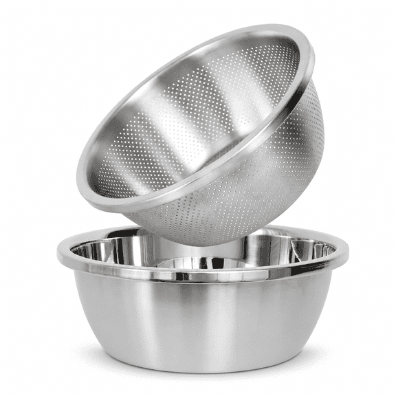 PLERISE 304 Stainless Steel Fine Mesh Colander Set, 2 Quart Large Capacity Strainer with Mixing Bowl, Rinse Fruits Veggies Rice and Drain Pasta, Dishwasher Safe, 2-Piece