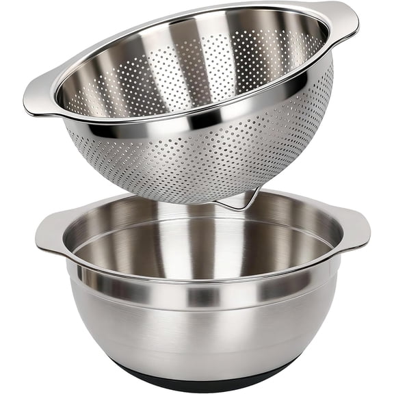 304 Stainless Steel Colander and Strainer, 5QT Large Capacity and 6QT Mixing Bowl, Micropore for Washing Rice, Fruit, and Cooked Pasta, Perfect Draining for Grain and Bean