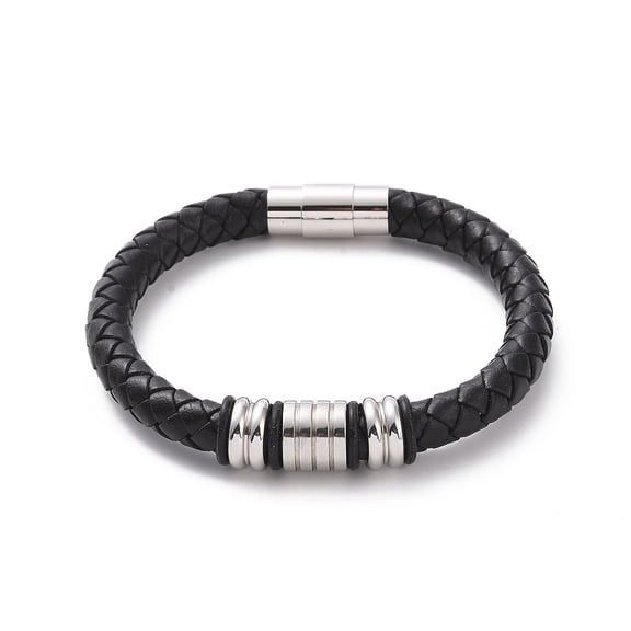 304 Stainless Steel Column Beaded Bracelet with Magnetic Clasps Black Leather Cord Punk Wristband for Men Women Stainless Steel color 8-3/4 inch(22.1cm)