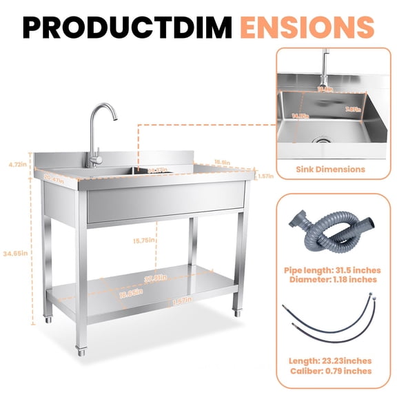 304 Stainless Steel Commercial Prep Sink, All-In-One Workstation Utility Sink with Rounded Corner Design, Smooth Drainage & Side Worktop for Cafeteria Food Service