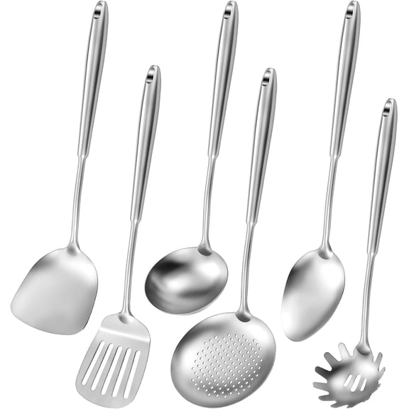304 Stainless Steel Cooking Utensils,6 Pcs Kitchen Cooking Utensils Set with Spatula, Solid Spoon, Ladle, Skimmer, Spaghetti Spoon,Dishwasher Safe