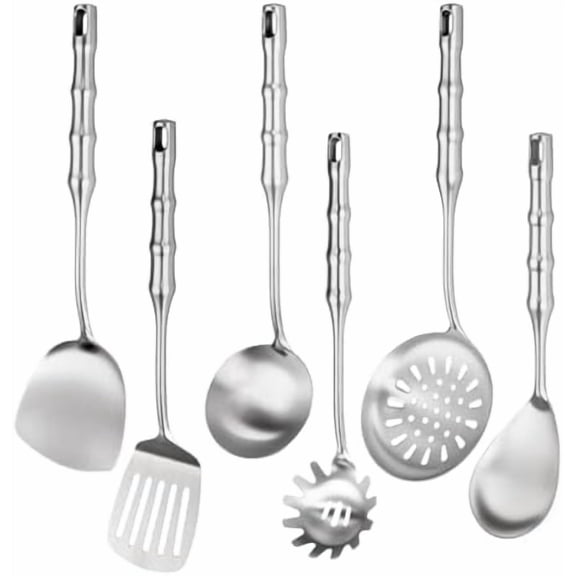 304 Stainless Steel Cooking Utensils,6 Pcs Metal Cooking Utensils Set,Kitchen Tools Set Include Soup Spoon,Slotted Spatula,Skimmer,Spaghetti Spoon,etc (Dishwasher Safe)$$Home Decor, Kitchen, & Other