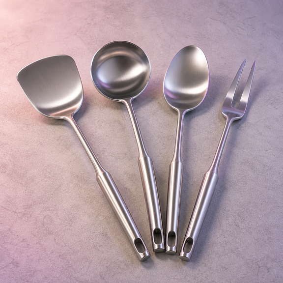 304 Stainless Steel Cooking Utensils Set 4 Piece 15 Inch Large Size Metal Kitchen Including Spatula Ladle Serving Spoon Meat Tools