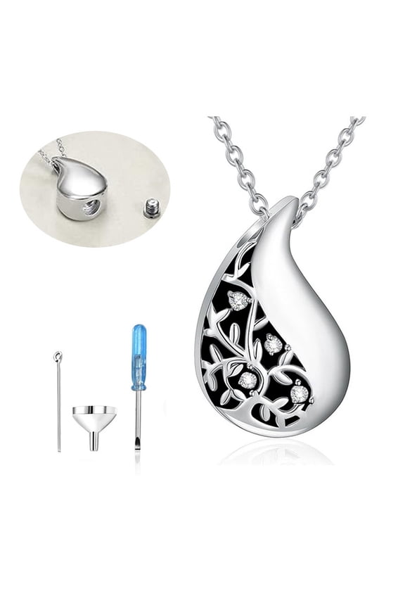 304 Stainless Steel Cremation box Pet Memorial Pendant Cable Chain Necklace Rhinestone Teardrop Urn Ashes Pendants Necklaces for Women Men Stainless Steel color 21.65 inch(55cm)