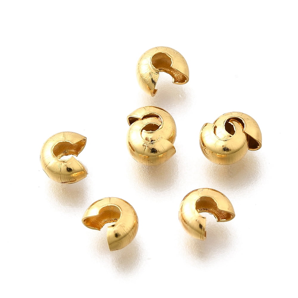 304 Stainless Steel Crimp Beads Covers Real 18K Gold Plated 5.5x4.5x3.5mm