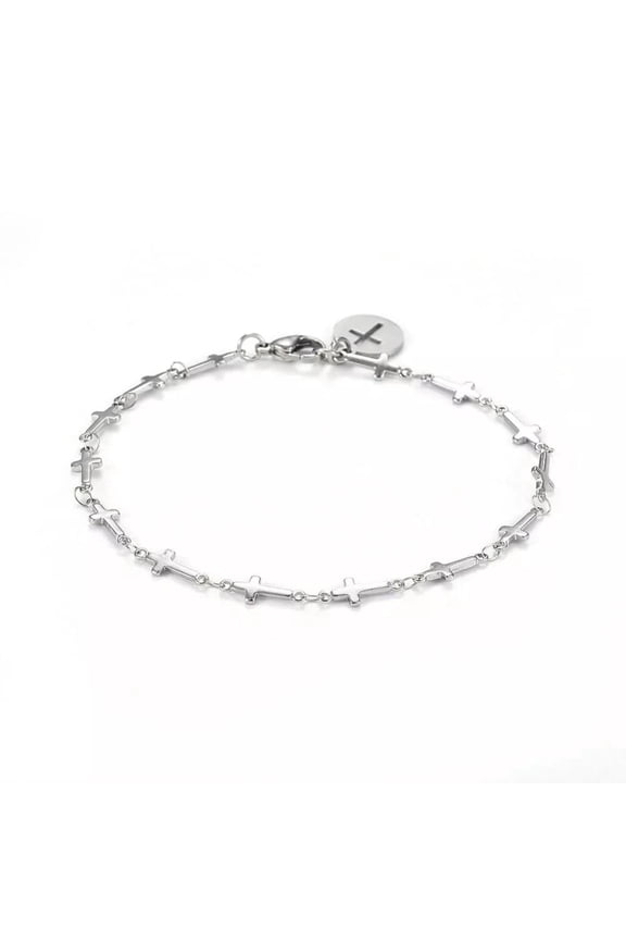 304 Stainless Steel Cross Link Anklet Lobster Flat Cross Silver Color 8.8" A48