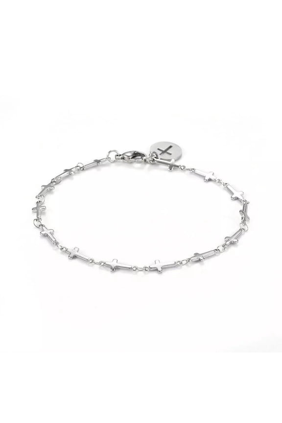 304 Stainless Steel Cross Link Anklet Lobster Flat Cross Silver Color 8.8" A48