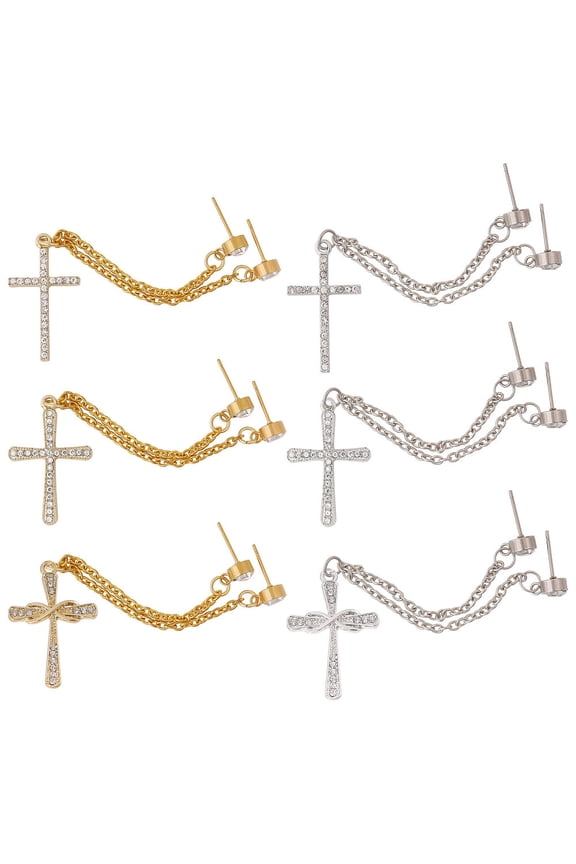 304 Stainless Steel Crystal Rhinestone Brooches Iron Chains and Alloy Pendants Cross Mixed Color 122mm 6pcs/set