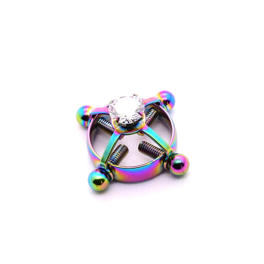 304 Stainless Steel Crystal Rhinestone Clip on Nipple Rings Flat Round  Rainbow color 20x8x5mm
