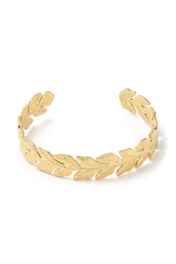 304 Stainless Steel Cuff Bangles Leaf Open Bangles for Women Real 18K golden Plated Inner Diameter: 2-3/8x2-1/8 inch(5.9x5.3cm) 12mm