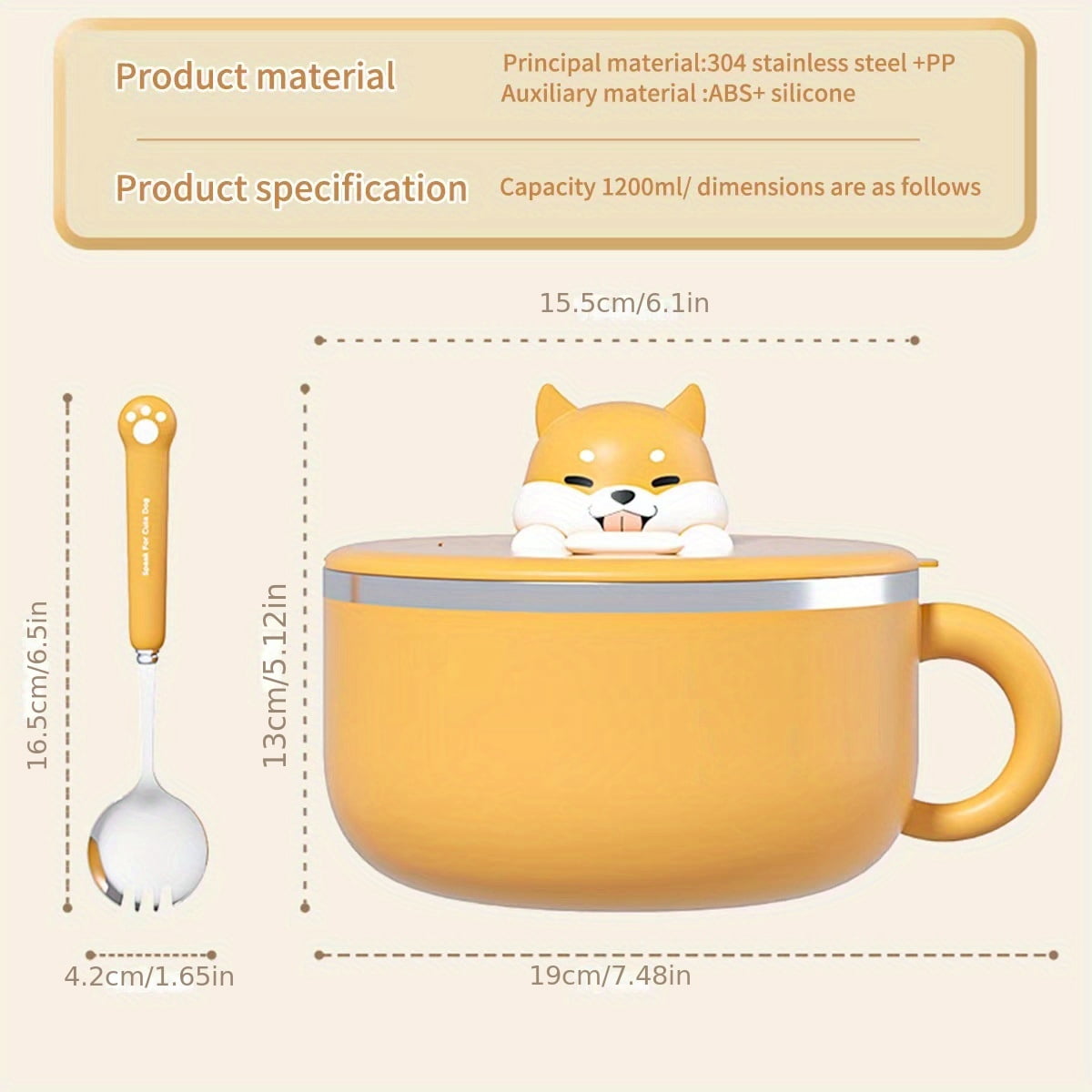 304 Stainless Steel Cute Dog Salad Bowl with Lid - Rust-resistant, polished metal finish, oval shape, perfect for students and office workers, great for watching TV shows, includes spoon, dog bowl, d