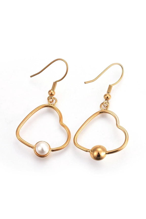 304 Stainless Steel Fish Hook Dangle Earrings Plastic Pearl Heart Gold 47mm Heart P144