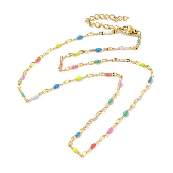 304 Stainless Steel Dapped Chains Necklaces Colorful Enamel Oval Link Chain Necklace Golden 15-7/8 inch(40.4cm)