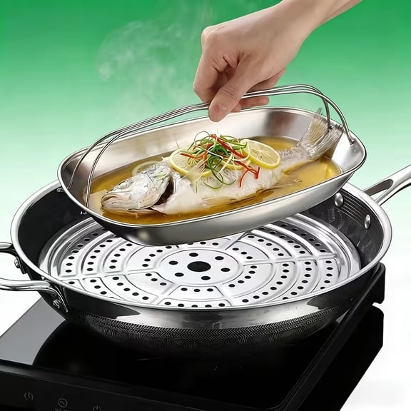 304 Stainless Steel Deep Fish Steamer Plate with Ergonomic Handle  Steamer Pan for Fish, Rice, Vegetables & Meat, Dishwasher Safe