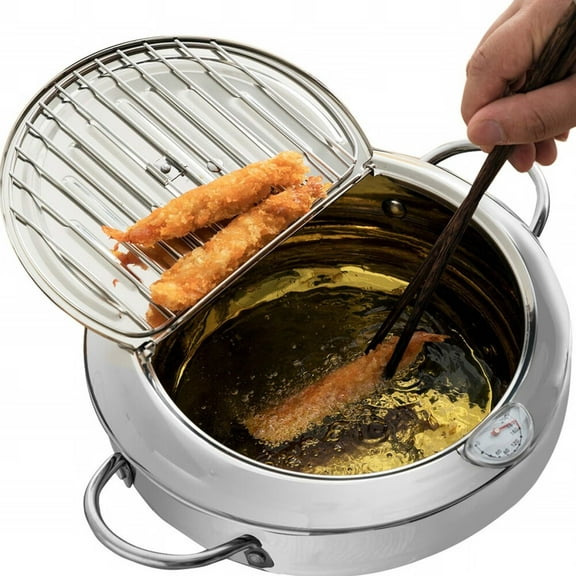 304 Stainless Steel Deep Fryer Pot,Frying Chicken Pot,Tempura deep Fryer with a Thermometer and a lid,Japanese Style Tempura Fryer Pan,2.2L