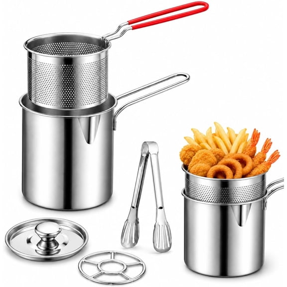304 Stainless Steel Deep Fryer Pot with Basket, Strainer, Lid & Tongs, Personal Mini Fryer Set