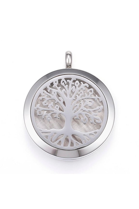 304 Stainless Steel Diffuser Locket Pendants with Perfume Pad and Magnetic Clasps Flat Round with Tree Black 36.5~37x30x6.5~7mm Hole: 5mm