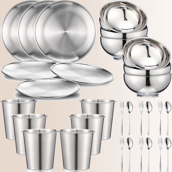 304 Stainless Steel Dinner Set Includes Plates Bowls Cups Forks Spoons Utensils Reusable Metal Tableware for Home Picnic Kitchen