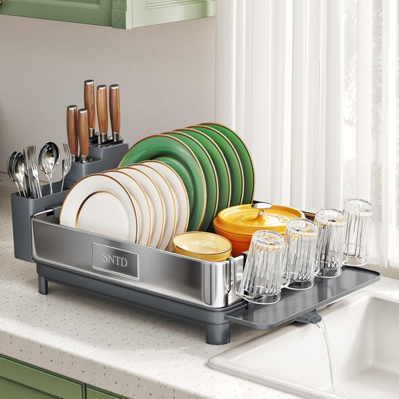 304 Stainless Steel Dish Drying Rack for Kitchen Counter - Rust Resistant Drainer with Angled Drainboard, Removable Cup & Utensil Holder, Large Capacity for Apartment & Small Space (Grey)