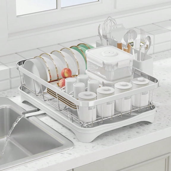 Automatic Drainage Stainless Steel Dish Drying Rack with Drip Tray, Large Capacity Space Divided Organizer for Bowls Cups (1-Pack)
