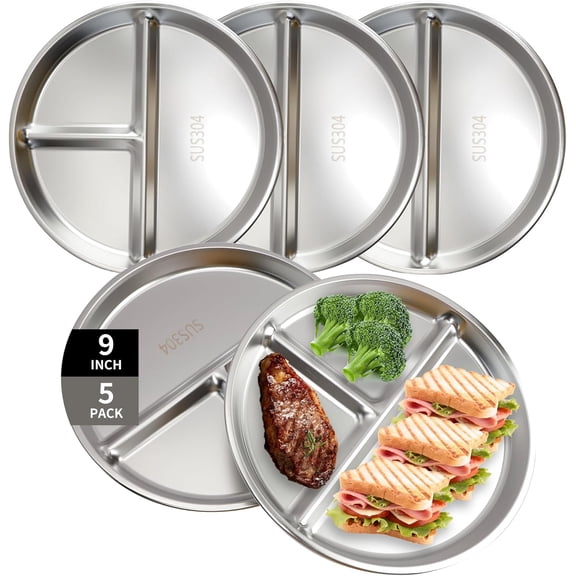 304 Stainless Steel Divided Dinner Plates Set of 5, 9" Portion Control Plates Divided Plate for Adults Kids Balance Lunch, 3 Compartment Food Grade Unbreakable Diet Dishes for Camping Home