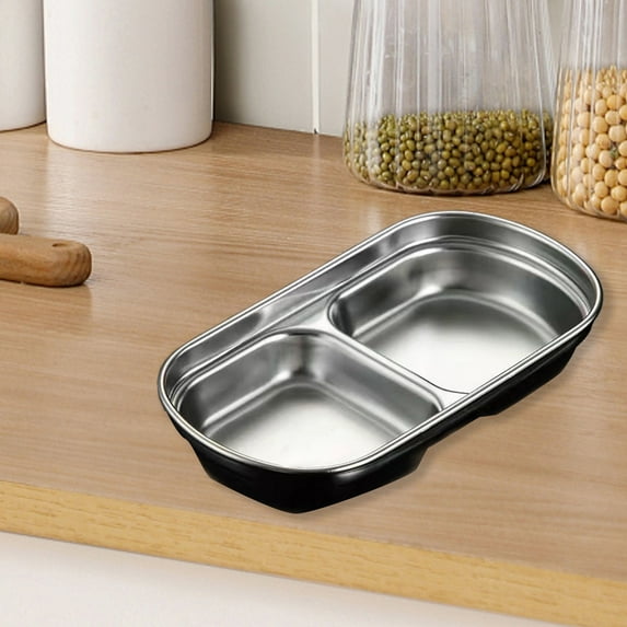 304 Stainless Steel Divided Dipping Bowls Stackable Korean BBQ Sauce Dishes Multi-Compartment Condiment Trays for Restaurants Home Kitchen Snacks Party Serving Set of 4