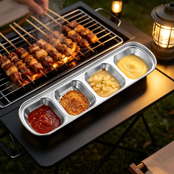 304 Stainless Steel Divided Dipping Tray Multi Compartment Sauce Dish Korean BBQ Serving Plate Snack Condiment Holder for Hot Pot Sushi Sauce Appetizer Restaurant Tableware Buffet Serving Tray Plate